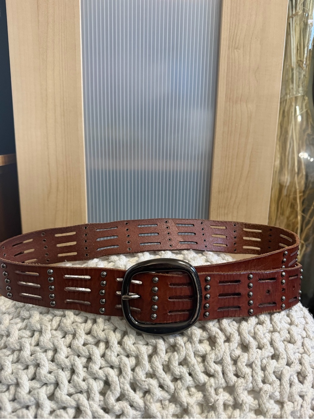 Danier Vintage Leather Studded Cutout Slatted Belt Brown L